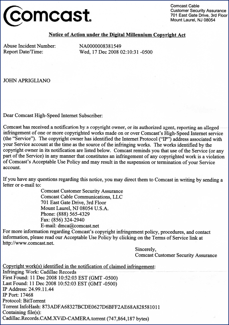comcast s crossed wires dmca letter